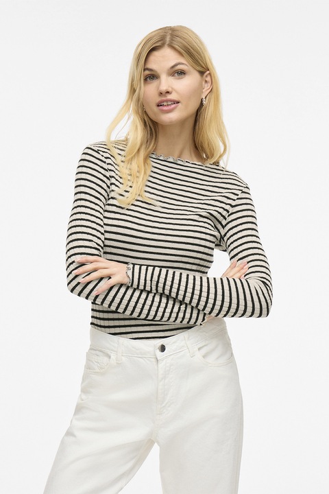 Vila, Bluza slim fit cu model in dungi si decolteu barcuta, Negru stins/Alb murdar