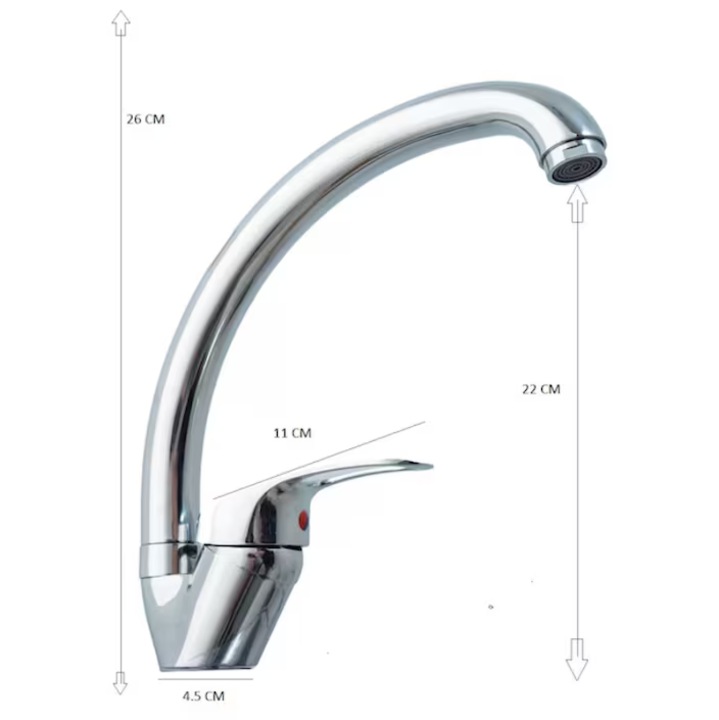 Едноръкохватков кухненски смесител, неръждаема стомана, хром, с чучур висок 26 см, въртене на 360°, елегантен дизайн, монтиран върху мивка, топла и студена вода