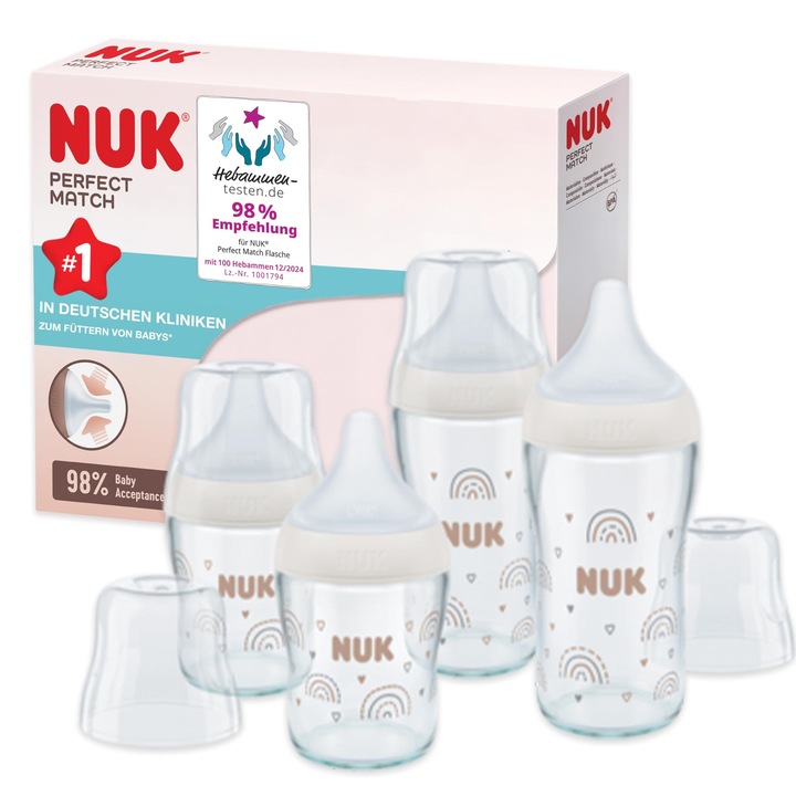 Комплект стъклени шишета NUK, против колики, цвят дъга, 120 мл и 230 мл, 4 броя