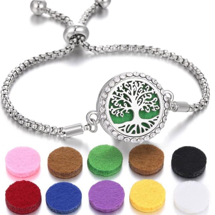 Bratara Cu Difuzor De Uleiuri Esentiale, Bratara Cu Medalion Pentru Aromaterapie, Reglabila, Arborele Vietii, Set Cu 10 Placute De Rezerva