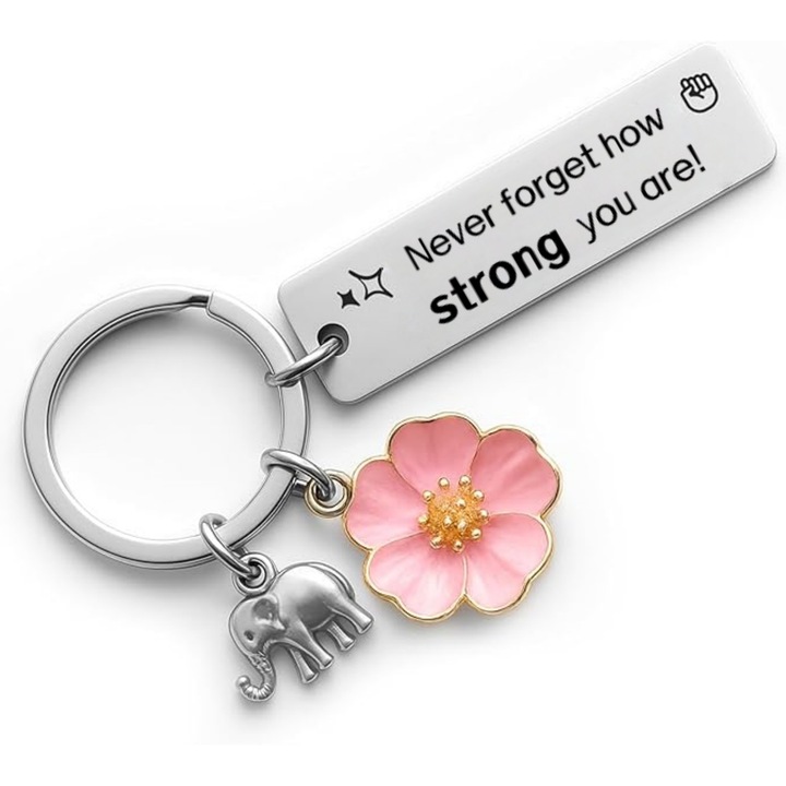 Breloc MunDeir din inox, mesaj motivational, pandantive flori si elefant, argintiu, 7x3cm