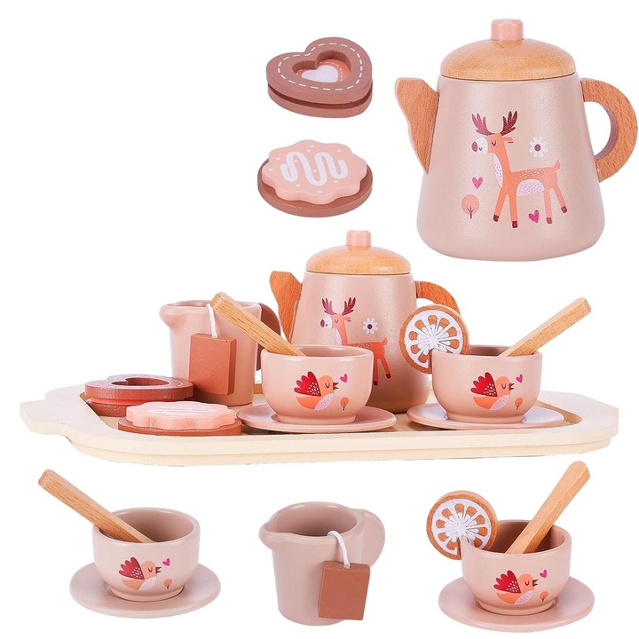 Set de ceai din lemn pentru copii, MunDeir, 10 piese, roz, +3 ani