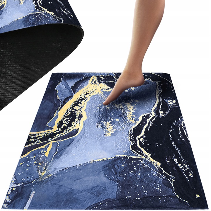 Covor de baie, Zola, model marmura, antiderapant, uscare rapida, poliester, 80 x 50 cm, bleumarin