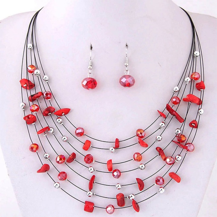 Set colier cu cercei, cu pietre semipretioase, lungime reglabila, sistem inchidere tip lobster, rosu