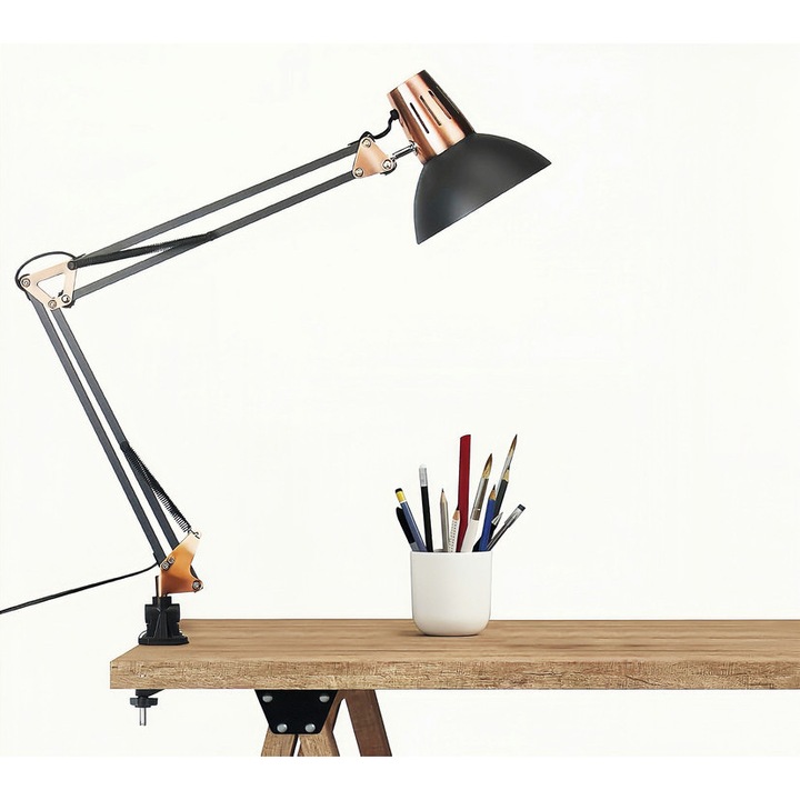 Lampa metalica cu brat mobil, 40W, cu bec 8W tricolor, negru