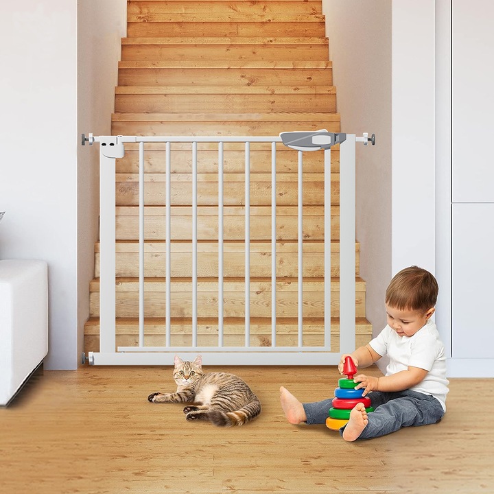 Предпазна врата за деца, Caravaan®, За стълби или врати, Монтаж без пробиване/под налягане, Автоматично затваряне, Отваряне в две посоки, ABS/стомана, Регулируема ширина 75-84CM, Бяла