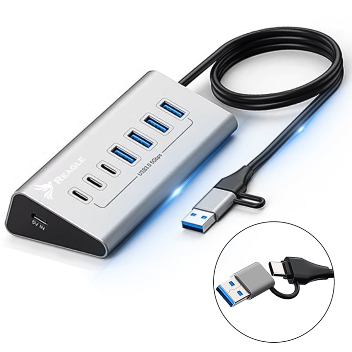 USB HUB АКТИВЕН 7-ПОРТЕН USB 3.2 ДИСТРИБУТОР 7в1 USB-C ДО 36W REAGLE
