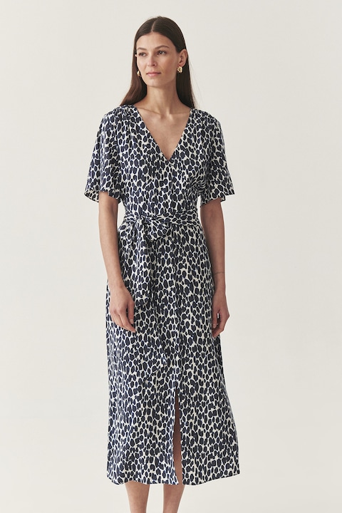 TATUUM, Rochie cu decolteu in V si cordon in talie, Alb/Bleumarin