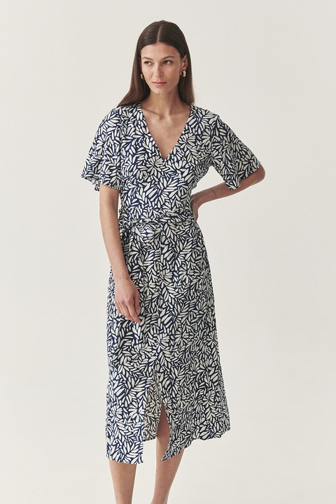 TATUUM, Rochie cu decolteu in V si cordon in talie, Alb/Bleumarin