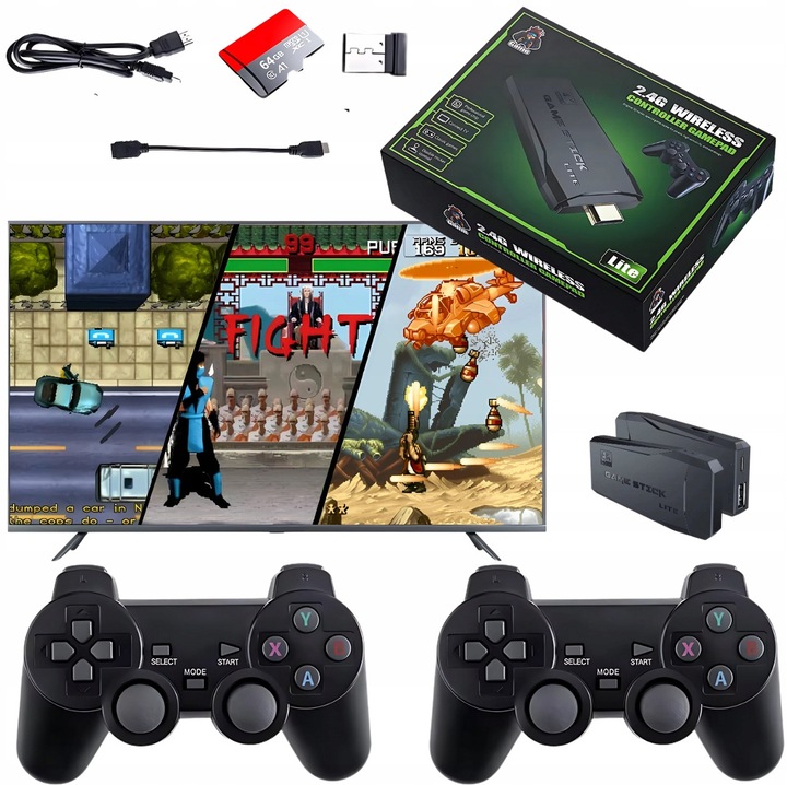 Consola de jocuri TV retro HDMI 64GB 2 placute wireless 20000 jocuri