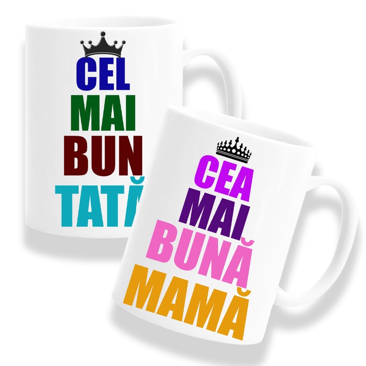 Set 2 Cani personalizate cu mesaj: "Cel mai bun tata, Cea mai buna mama", coroana multicolor, Betaprint, 330ml, alba, ceramica