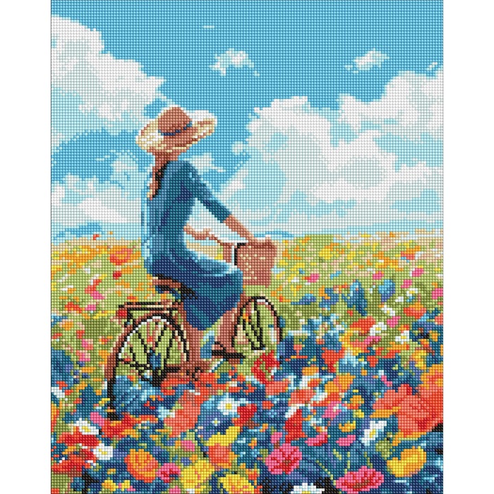 Set goblen cu diamante, cu sasiu, Plimbare in camp de flori, 40x50 cm