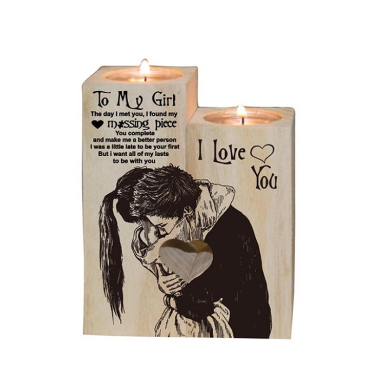 Suport de lumanare LanpoVista, set in forma de inima, lemn de nuc, gravat cu citate, 10x15cm