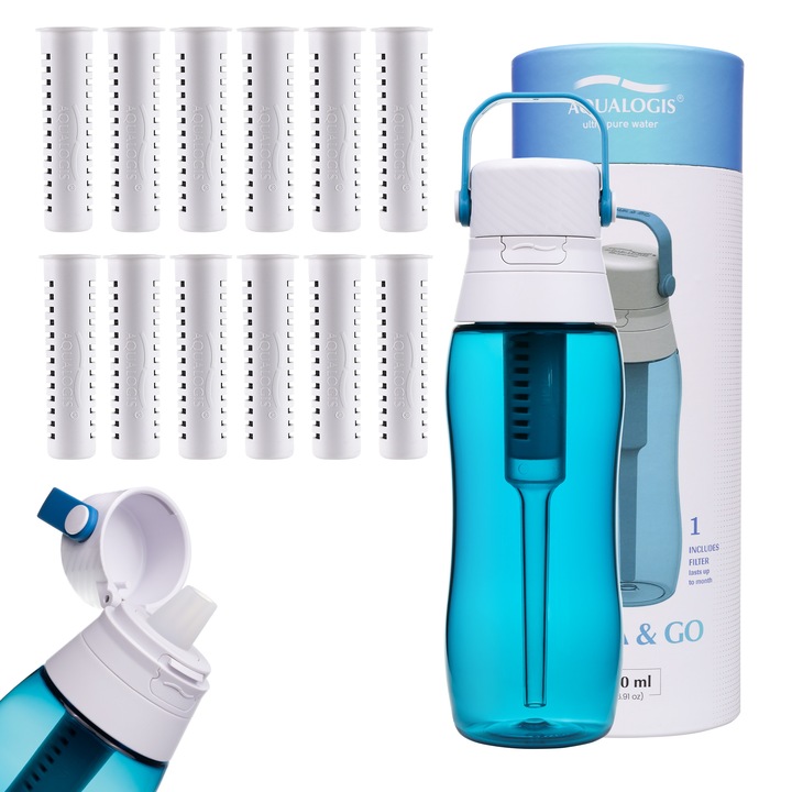 Aqualogis Aqua&Go sticla filtranta 500 ml + 12 filtre albastru inchis, Tritan fara BPA, filtru cu carbune activ, capac etans, pai integrat, pentru apa mai curata acasa, birou, sport si calatorii