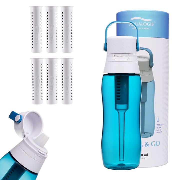 Aqualogis Ocean Albastru – sticla filtranta 500 ml + 6 filtre PURE+, design modern si compact, plastic fara BPA, imbunatateste gustul apei, ideala pentru birou, scoala si calatorii, compatibila cu sistemul de filtrare PURE+