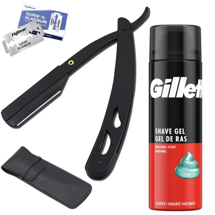 Професионална самобръсначка с 10 ножчета, пяна за бръснене Gillette 200 мл, SUPER TRENDS®, неръждаема стомана, с кожен калъф, устойчива на ръжда, сгъваема и лесна за носене – идеална за пътуване и хотелско настаняване, черен цвят