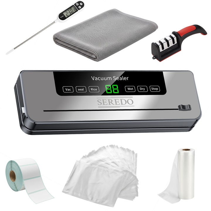 Aparat de Vidat si Sigilat Seredo™, 120W, Cutter Incorporat, 50x Pungi 17x25 cm, Rola 20x300 cm, 300x Abtibilduri, Termometru pentru Carne, Ascutitor de Cutite si Carpa de Bucatarie incluse
