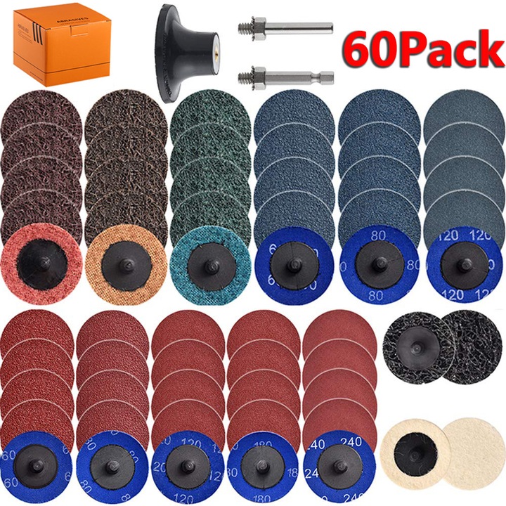 Set de 60 de discuri de slefuit, NYXCL, cu schimbare rapida de 2 inch cu suporturi de 1/4", curatarea suprafetei polizorului, indepartarea ruginii si a vopselei