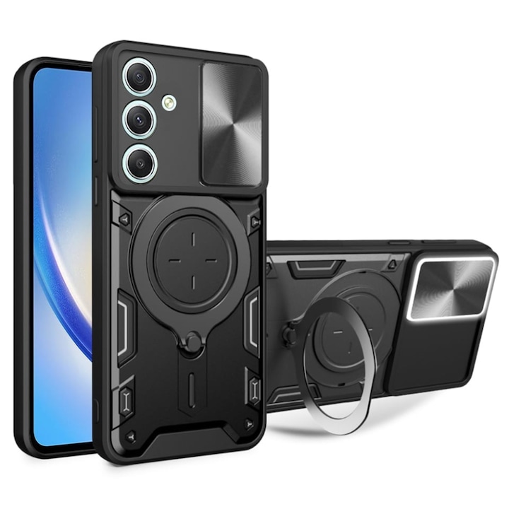 Husa pentru Samsung Galaxy A34 5G, SKYDDAR INNOVATION, CamGuard Pro, Inel Magnetic, Protectie Camera, set cu sticker, Negru