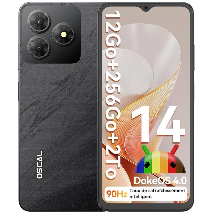Telefon mobil Oscal FLAT 2, 5G, 12GB Ram(4GB + 8GB extensibili), 256GB, 8 nuclee, 6.67'' HD+, Android 14, 5000mAh, Rezistent la praf/anti-picatura/impermeabil, Deblocare amprenta/Fata ID/NFC, Negru