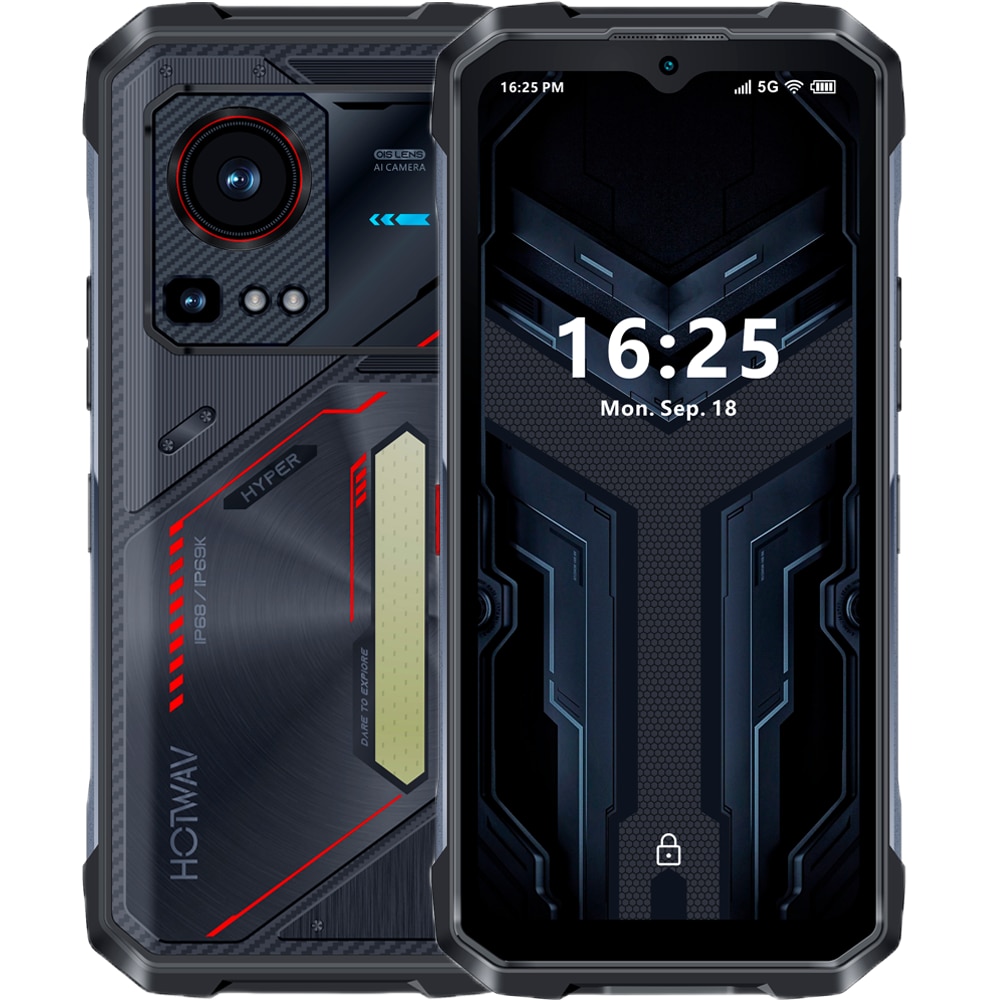 Telefon mobil HOTWAV Hyper 7s, Dual SIM, 5G, 6.6-inch 120Hz, Octa-Core, 16GB RAM (4GB + 12GB ext), 256GB, RGB Light Dynamic, 10800mAh, NFC, IP68, Android 15, Negru