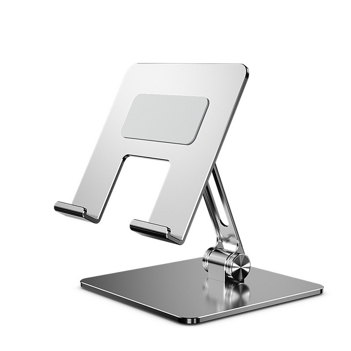 Suport tableta 360° rotativ, ajustabil si pliabil, metalic, argintiu