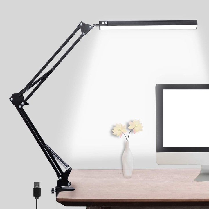 Lampa de masa cu brat de clamp cu LED-uri, 3 moduri de culori, 10 niveluri de luminozitate, comutator USB cu control prin fir pentru o varietate de scenarii