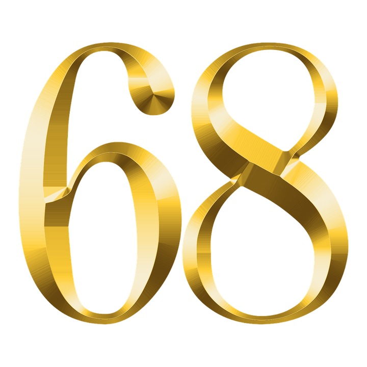 Numar cifra 68, Pentru casa, Efect 3D, Numere de usa, cutie postala, apartament, hotel, birou, camera, curte, cafenea, Autoadeziv, Cri-Flo, Culoare Auriu, Inaltime 8 cm