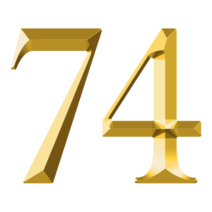 Numar cifra 74, Pentru casa, Efect 3D, Numere de usa, cutie postala, apartament, hotel, birou, camera, curte, cafenea, Autoadeziv, Cri-Flo, Culoare Auriu, Inaltime 8 cm