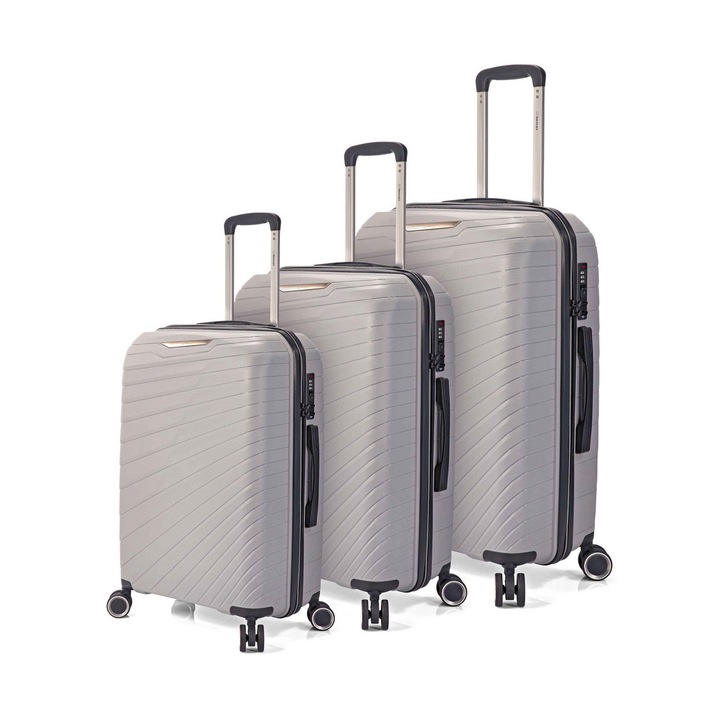 Set trolere extensibile Benzi BZ 5808, 1 bagaj de cabina si 2 de cala, polipropilena, cifru, 4 roti 360°, gri