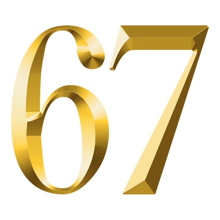 Numar cifra 67, Pentru casa, Efect 3D, Numere de usa, cutie postala, apartament, hotel, birou, camera, curte, cafenea, Autoadeziv, Cri-Flo, Culoare Auriu, Inaltime 8 cm