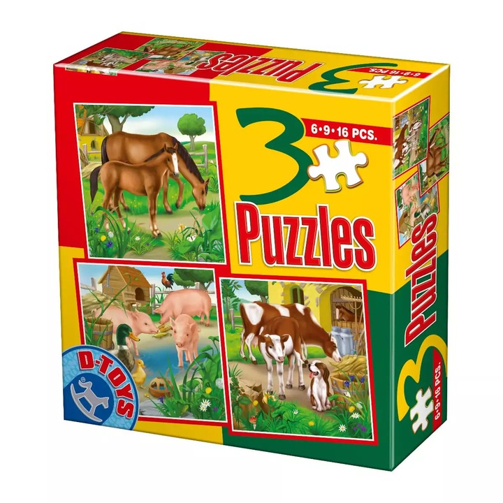 Set puzzle D-Toys, 3 puzzle-uri animale domestice, 6, 9, 16 piese