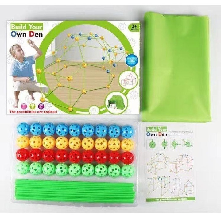 Set pentru construit forturi, Enforose, plastic de inalta calitate, usor de asamblat, pentru joaca creativa, interior si exterior, verde