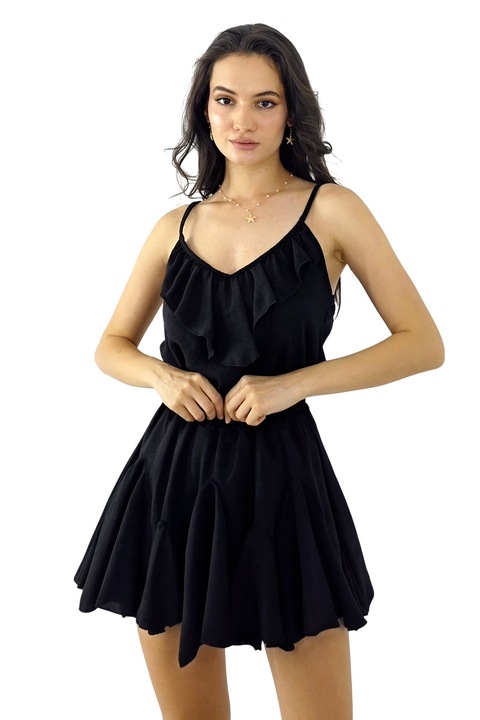 Compleu de vara Calipso, cu volane, top si fusta pantalon, Negru, Marime universala S/M, FashionForYou