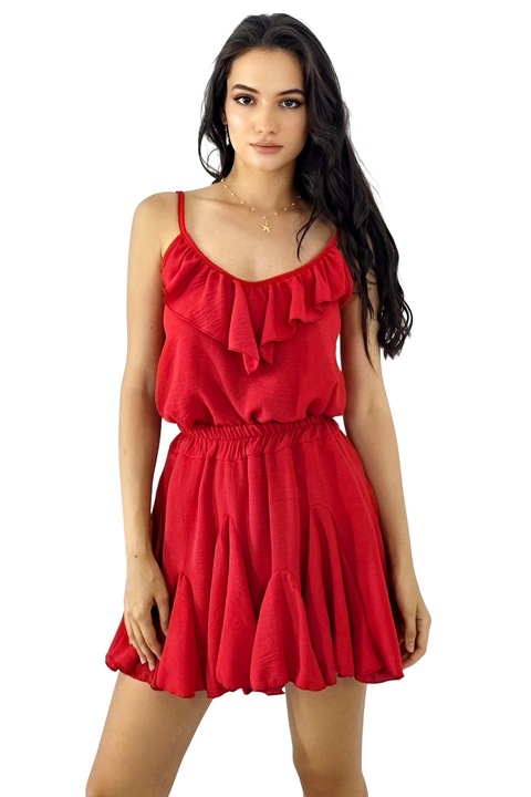 Compleu de vara Calipso, cu volane, top si fusta pantalon, Rosu, Marime universala S/M, FashionForYou