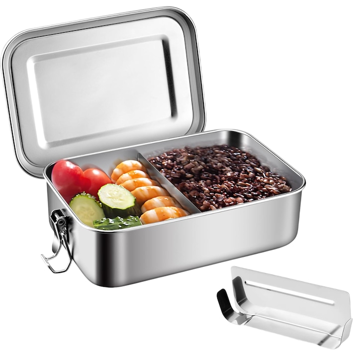 Кутия за обяд, Topdii®, от неръждаема стомана, 1200мл, 2 отделения, Регулируеми отделения, Кутия за обяд за храна, 18.5x14.2x6 см, Сребрист