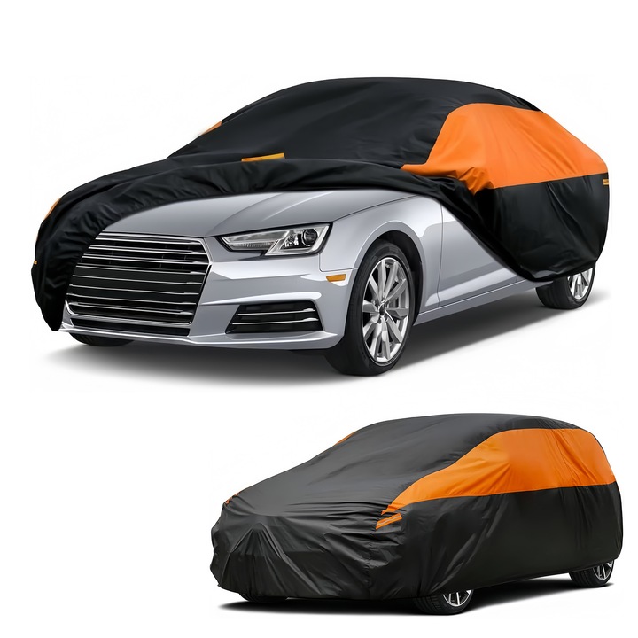 Премиум покривало за кола, 6 слоя, 4 сезона защита, UV защита, прах, сняг, водоустойчиво, покривало за кола със светлоотразителни ленти, универсално за лимузини, PEVA + памучен материал, 490x190x150 см, размер XL, черно-оранжево