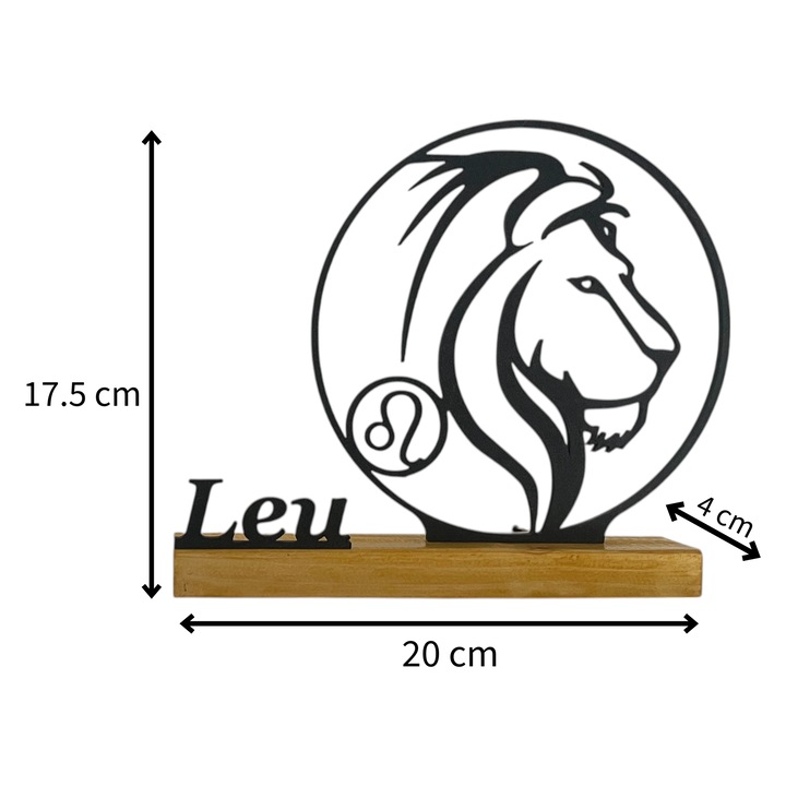 Decoratiune Zodie LEU cu baza din lemn natural, imprimat 3D