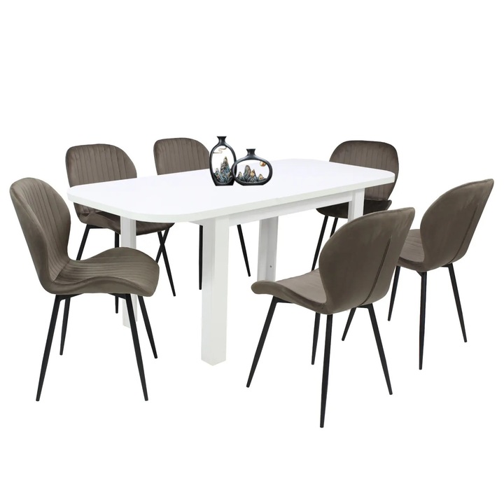 Set masa extensibila Roma Alba cu 6 scaune Opal Maro, picioare negre, tapiterie din material textil, dreptunghiulara, blat din PAL laminat, 140x80x75 cm