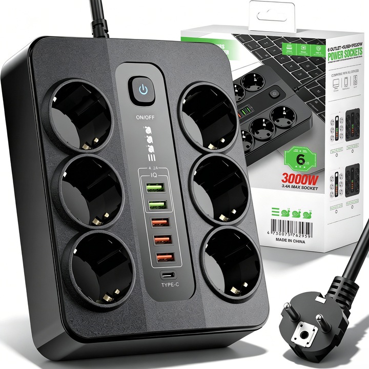 Prelungitor cu Intrerupator, cu 5 USB, 1 Type-C, 6 Prize, 3000W, YeeLei®, Priza Multipla, cu Protectie pentru Copii, Cordon 2m, Negru