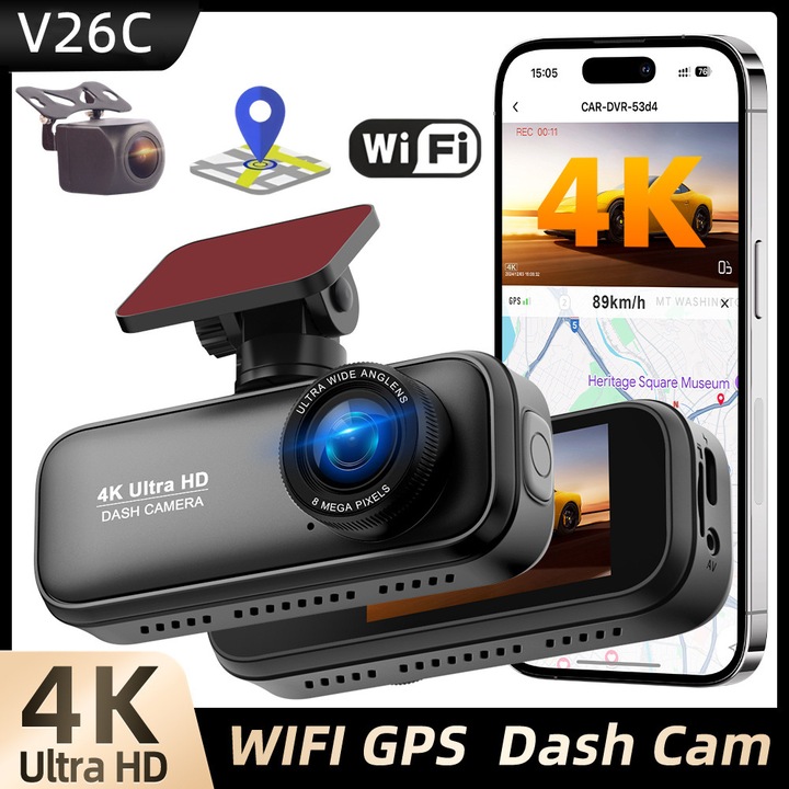 Camera auto HD 4K V22, GPS, Wifi, FULL HD 4K, 3840 x 2160 P, Dual fata si spate, Inregistrare in bucla, Vedere nocturna, Unghi filmare fata 170° / spate 140°, Negru