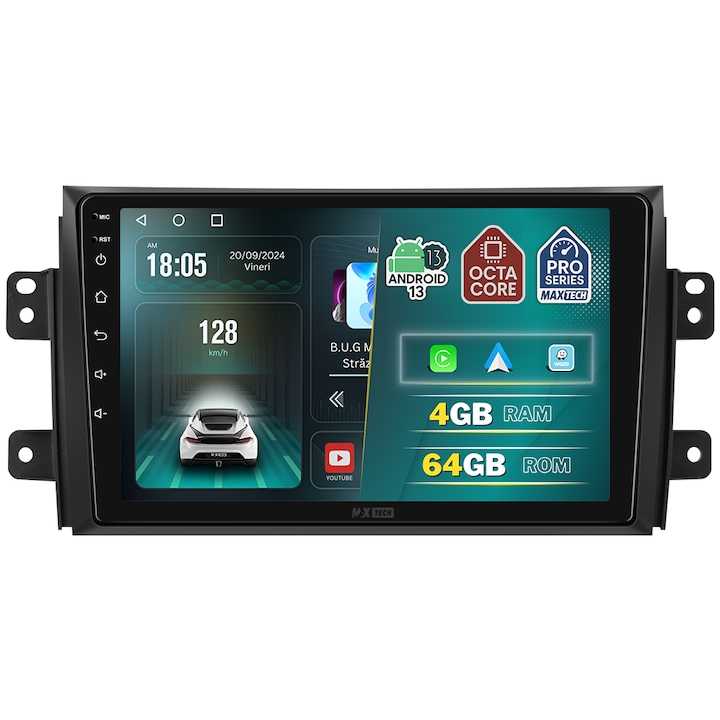 Navigatie Suzuki SX4 / Fiat Sedici 2006-2014 dedicata, MaxTech® PRO SERIES, 4 GB Ram 64 GB Rom OctaCore, Carplay & Android auto, Ecran 9 ” HD Touch, GPS, Wifi, Bluetooth, Radio, USB, EQ, DSP, Waze