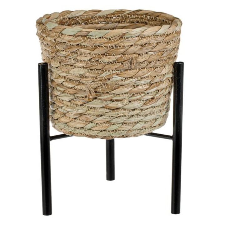 Accesoriu decorativ impletit din paie, cu baza metalica, diametru 15 cm, inaltime 19, 5 cm