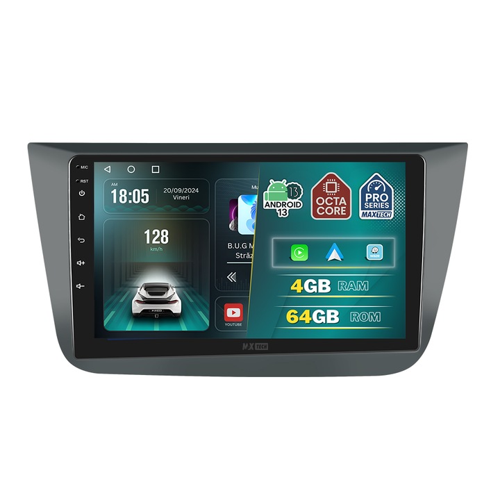 Navigatie Seat Altea / Toledo 2004-2015 dedicata, MaxTech® PRO SERIES, 4 GB Ram 64 GB Rom OctaCore, Carplay & Android auto, Ecran 9 ” HD Touch, GPS, Wifi, Bluetooth, Radio, USB, EQ, DSP, Waze