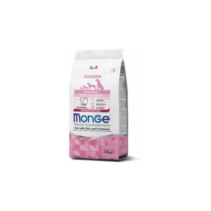 Mancare pentru caini Monge Monoprotein Puppy, carne de porc cu orez si cartofi, 2.5kg