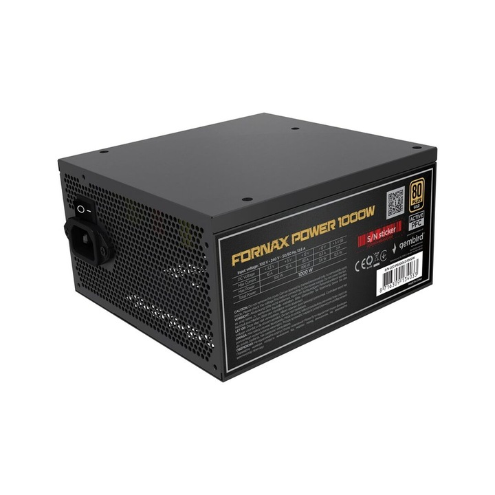 Gembird CCC-PSUGOLD-1000W Захранващ блок Fornax Power 1000W активен PFC 12см вентилатор 80+Gold