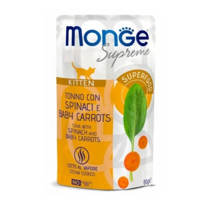 Hrana pentru pisici, Monge Supreme, Ton cu spanac si mini morcov, 80g
