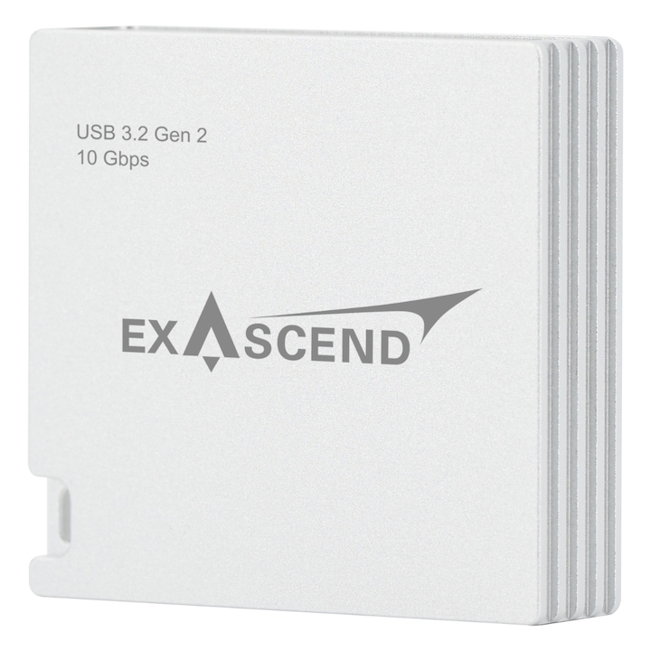 Cititor de carduri Exascend 4w1, suporta CFexpress B, SDXC/SDHC, microSD, USB 3.2, dimensiuni 57,7x54,5x15mm