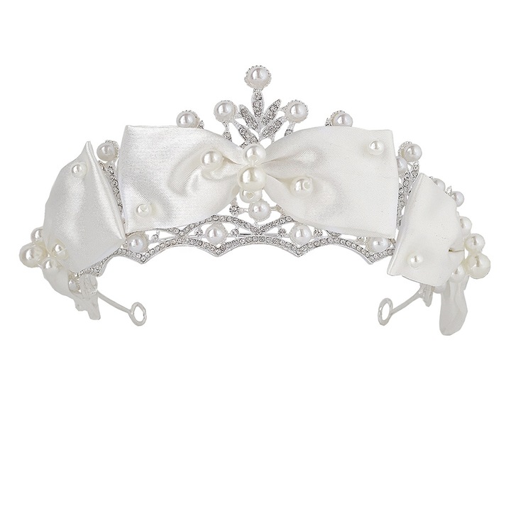 Tiara de par pentru femei, coroana alba cu funda si perle, 7x15cm, set accesorii pentru coafuri