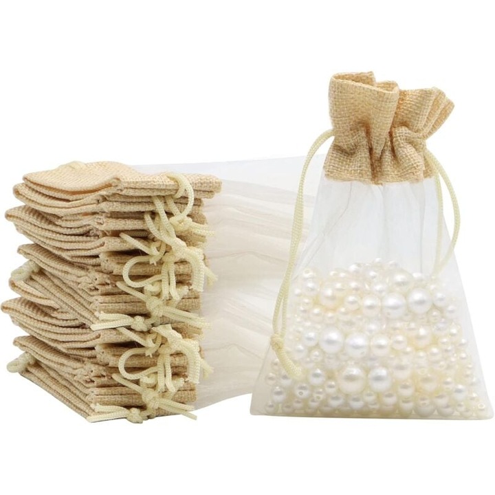 Set 24 pungi organza din jute, 10x15cm, cu snur reutilizabil pentru bijuterii, bomboane, evenimente